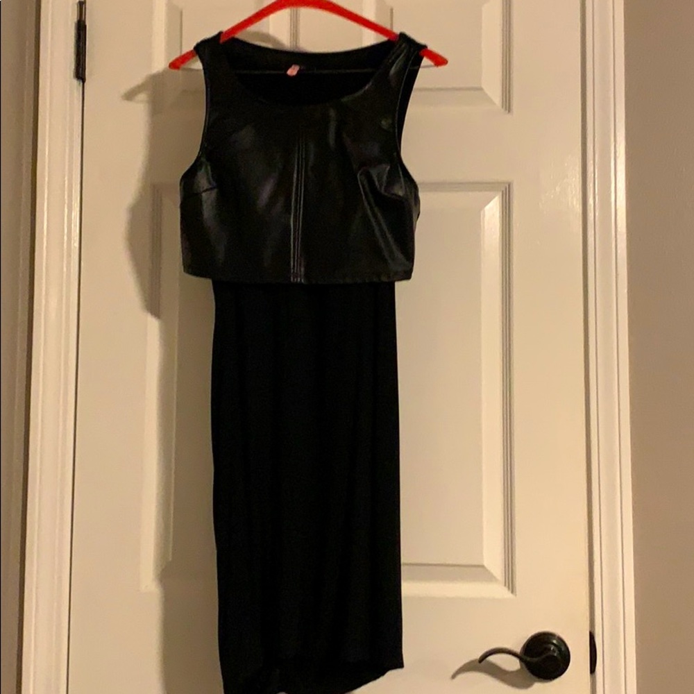 Black Bebe midi dress with leather burst
